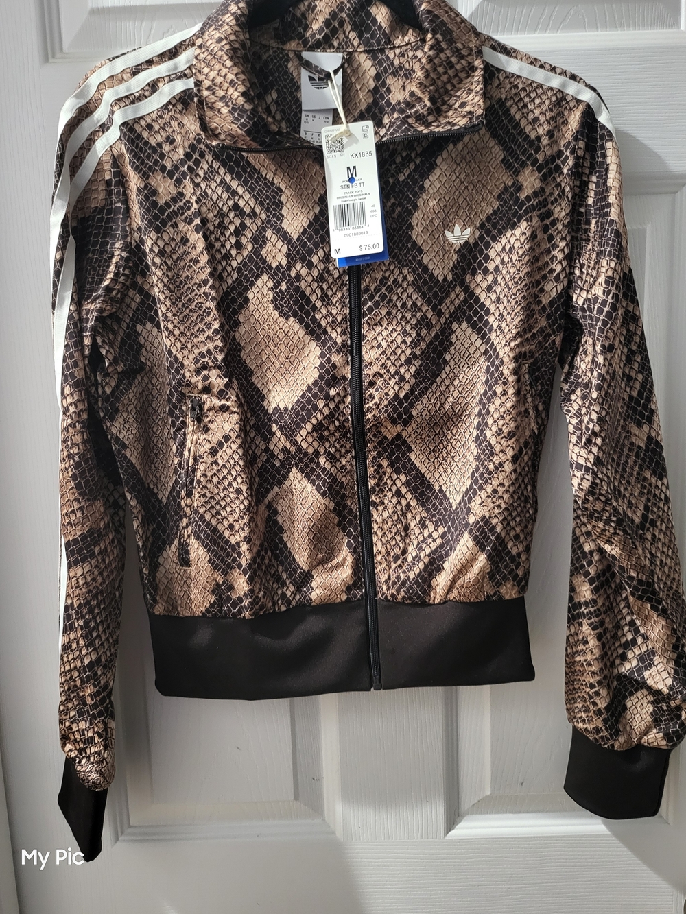 Adidas Women Snake-Print Bomber Jacket with White Stripes - Picture 3 of 5